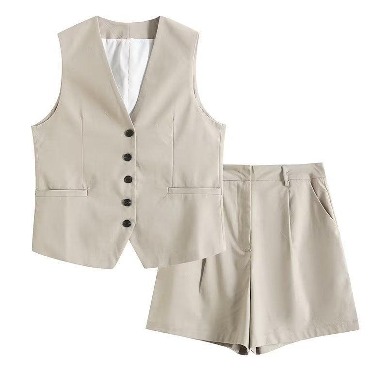 Ladies V-Neck Vest And Wide Leg Shorts Set K27788 - SWEETKAMA