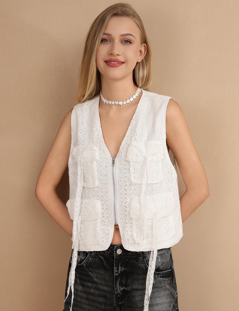 Ladies V-Neck White Zipper Crop Vest SKT409 - SWEETKAMA