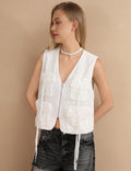 Ladies V-Neck White Zipper Crop Vest SKT409 - SWEETKAMA