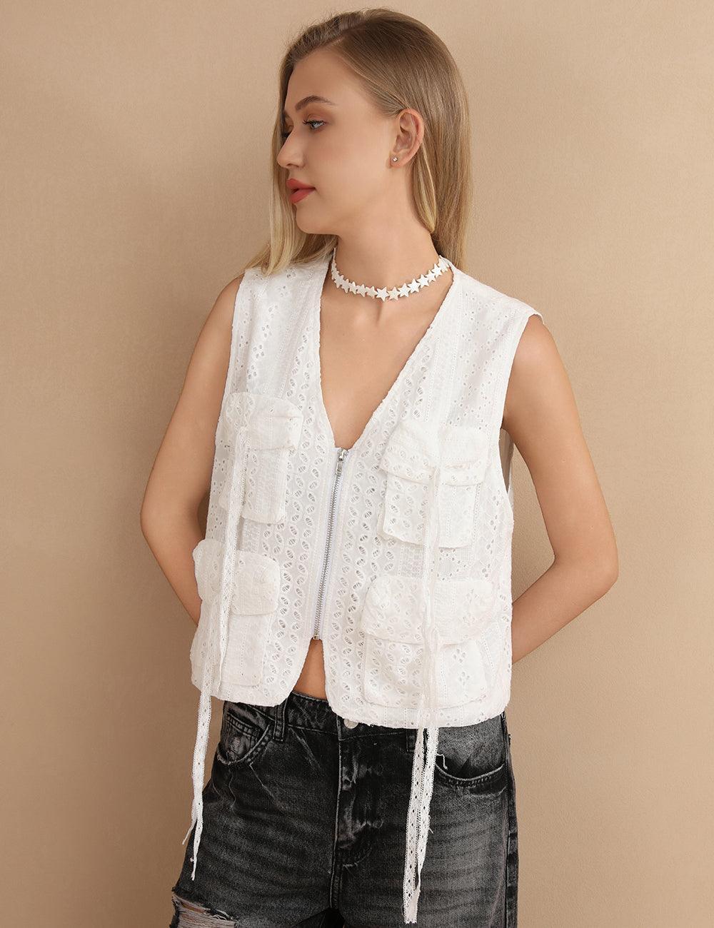 Ladies V-Neck White Zipper Crop Vest SKT409 - SWEETKAMA