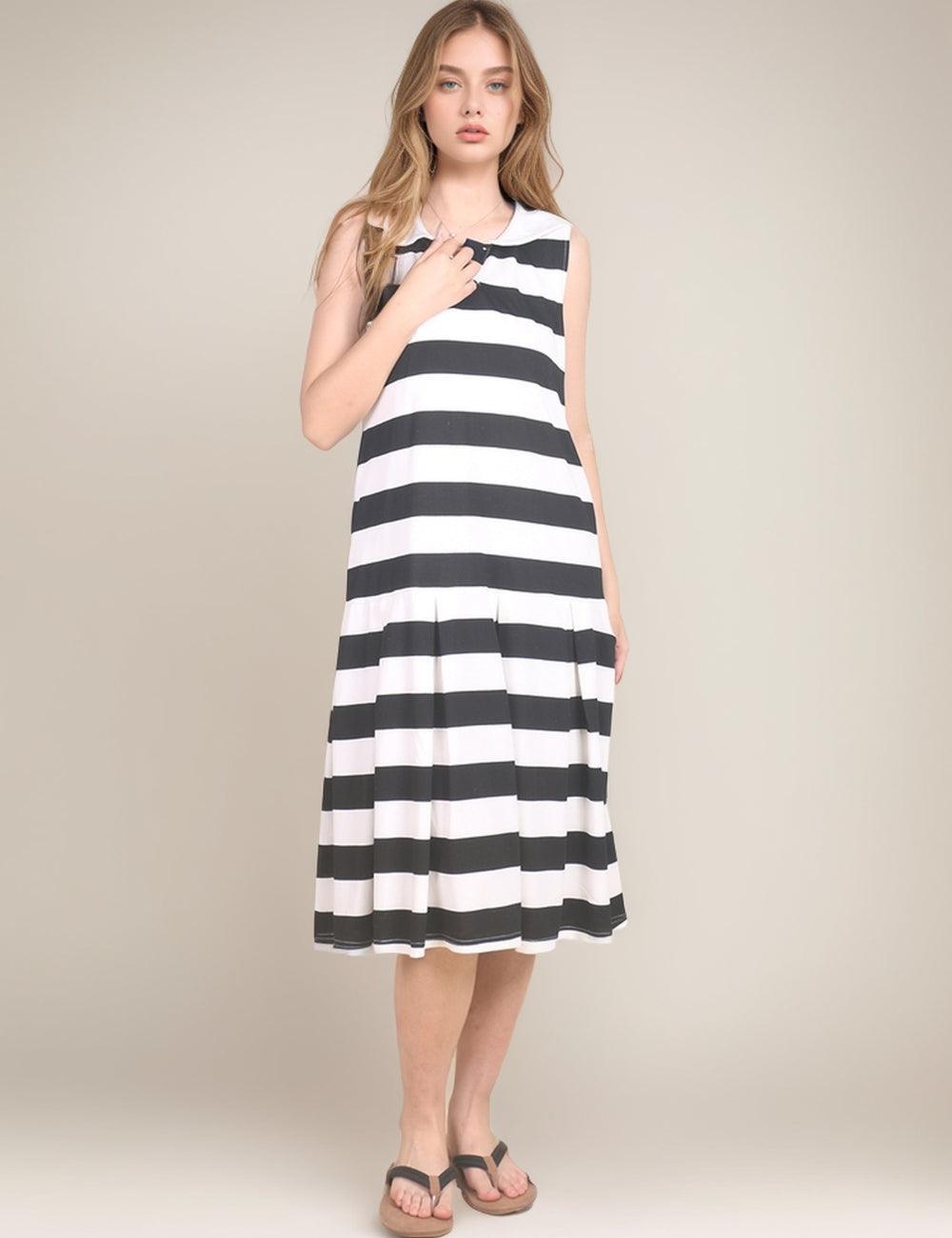 Ladies White and Black Striped Midi Dress SKD466 - SWEETKAMA