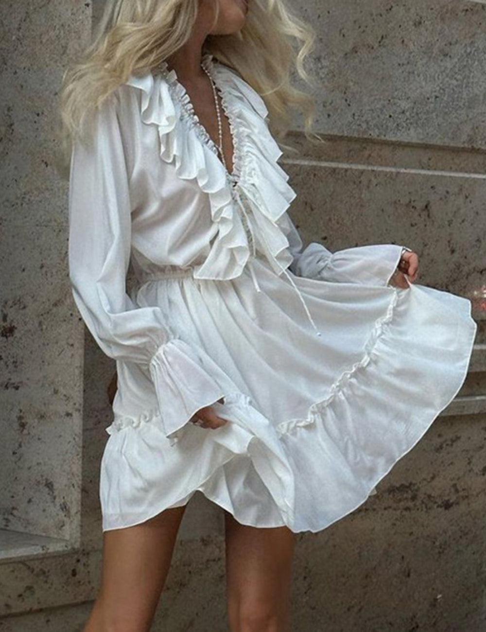 Ladies White Deep V-neck Ruffle Mini Dress SKX3689 - SWEETKAMA