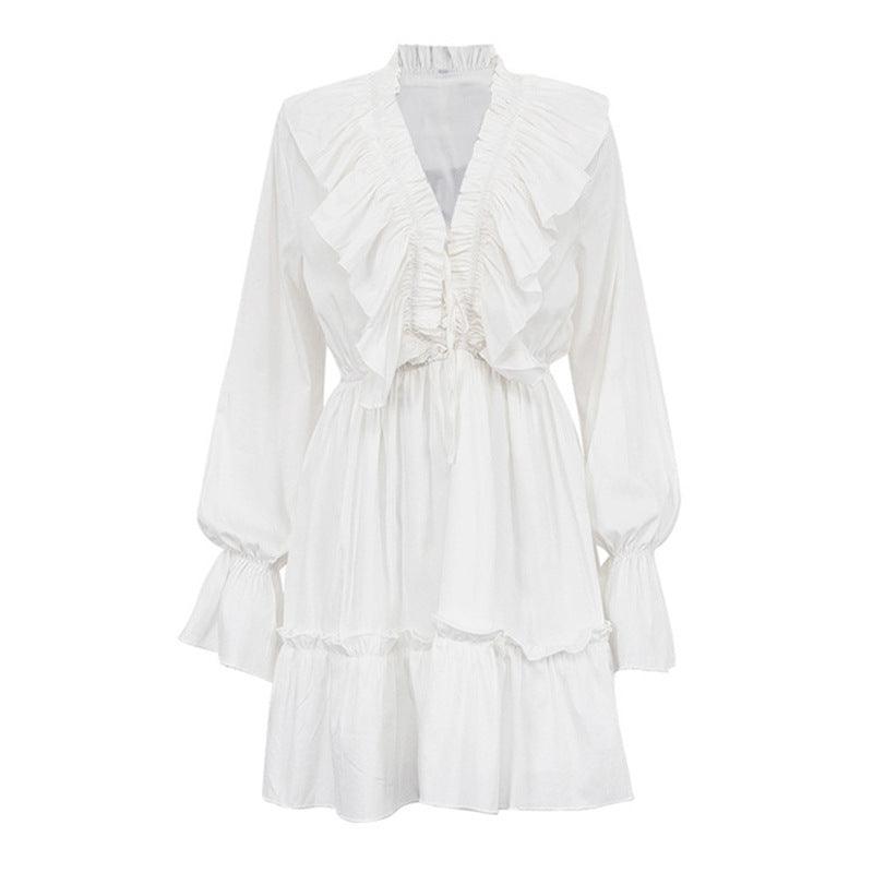 Ladies White Deep V-neck Ruffle Mini Dress SKX3689 - SWEETKAMA