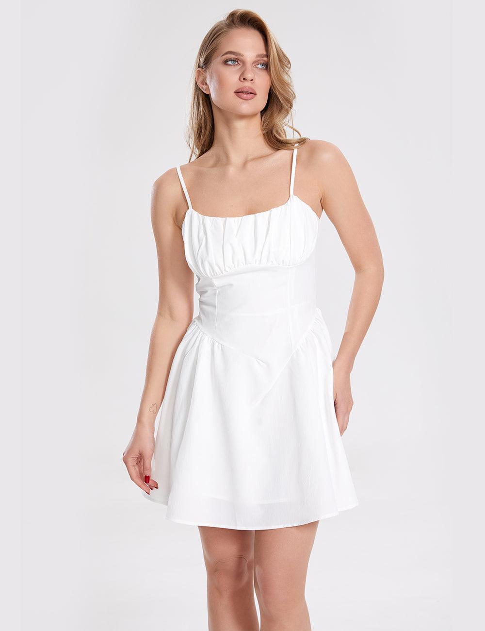 Ladies White Ruched Spaghetti Strap Mini Dress SKD341 - SWEETKAMA