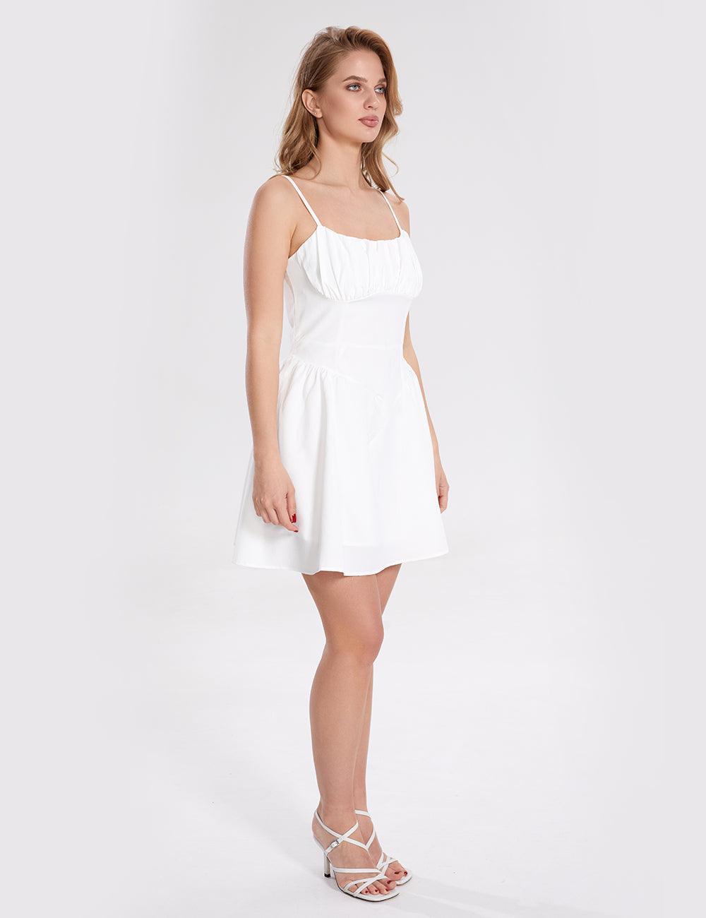 Ladies White Ruched Spaghetti Strap Mini Dress SKD341 - SWEETKAMA