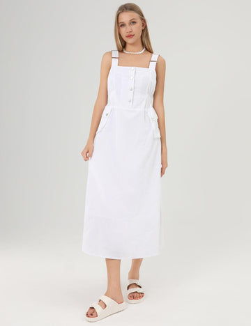 Ladies White Square Neckline Midi Dress SKD362 - SWEETKAMA