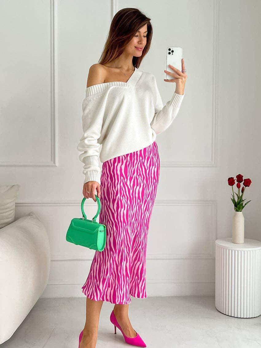 Ladies Zebra Print Satin Ziper Long Skirt BSQ3455 - SWEETKAMA