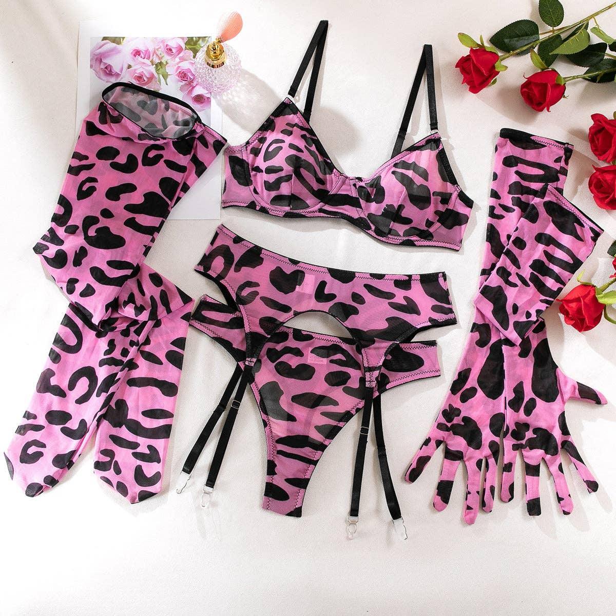 Leopard Print Sexy Lingerie Set with Garter Belt 3038 - SWEETKAMA