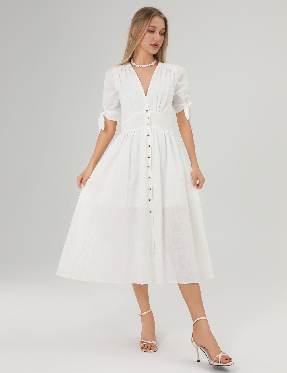 Linen Casual Short Sleeves Bowknot Midi Dress SKD152 - SWEETKAMA