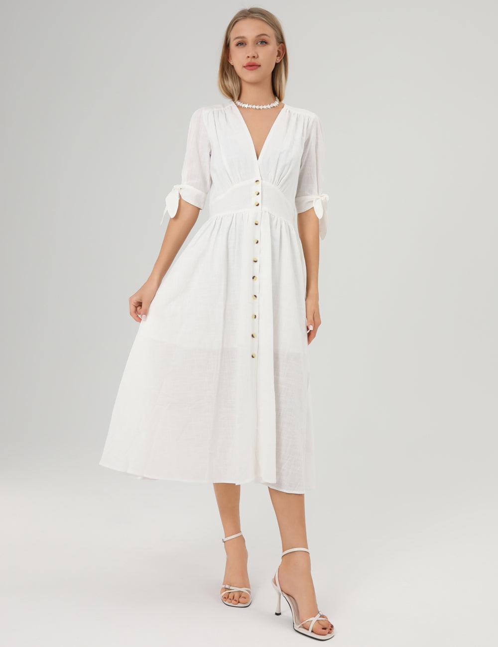 Linen Casual Short Sleeves Bowknot Midi Dress SKD152 - SWEETKAMA