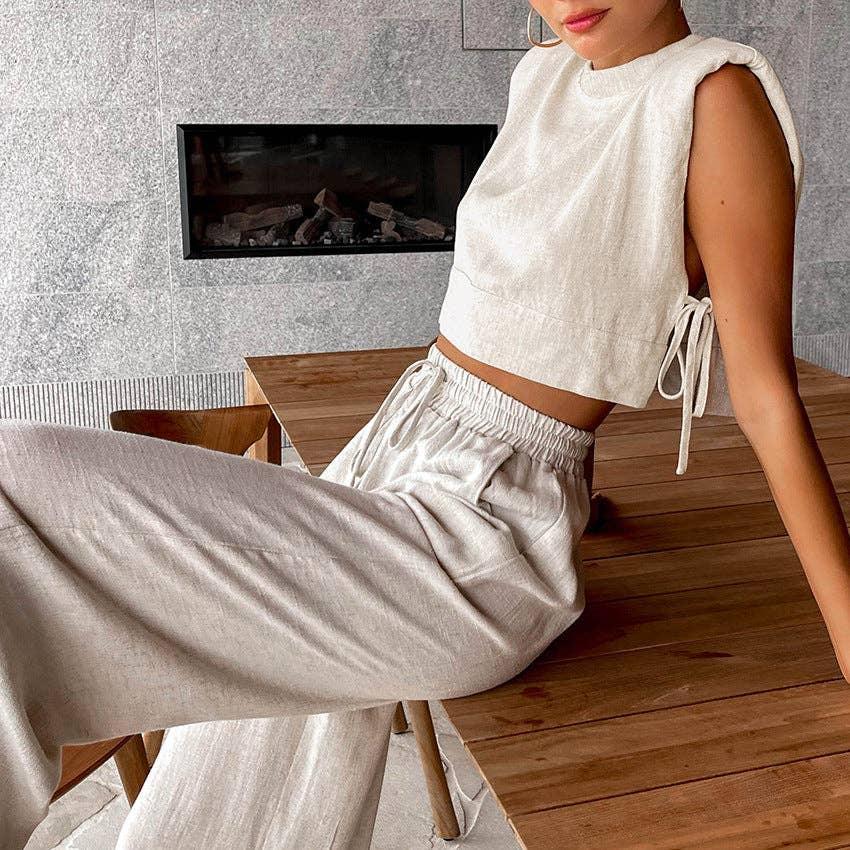 Linen Sleeveless Crop Top and Pants 2PCS Set 2TZ2186 - SWEETKAMA