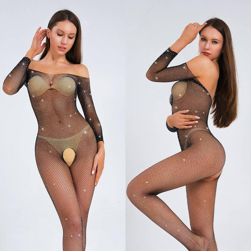 Long Sleeves Black Solid Hollow Out Sexy Bodystocking 8301tz - SWEETKAMA