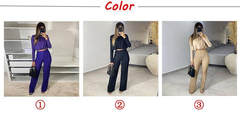 Long Sleeves Short Top High Waist Pants Ladies Set HK3009 - SWEETKAMA