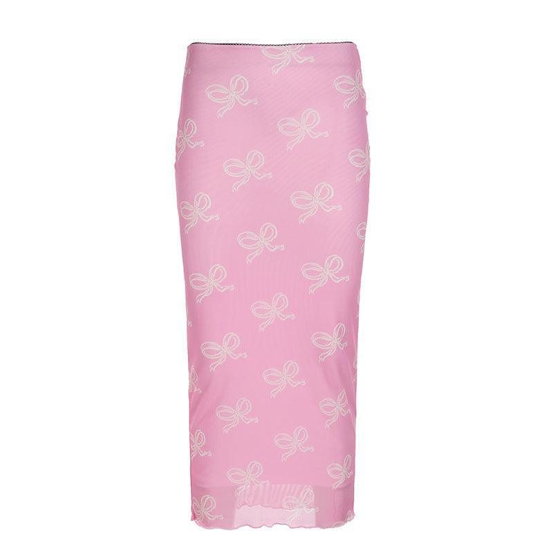 Misssy Bow Print Mesh Midi Skirt 09312 - SWEETKAMA