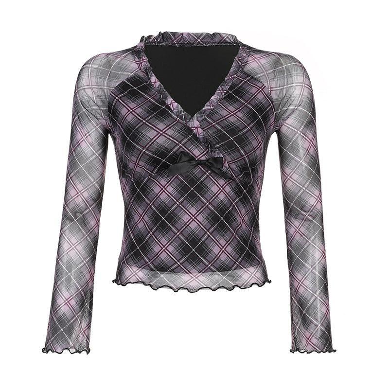 Missy Argyle Mesh Bow Selvedge Blouse 07557 - SWEETKAMA