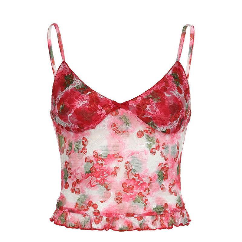 Missy Cherry Print Smudge Mesh Cami 15496 - SWEETKAMA