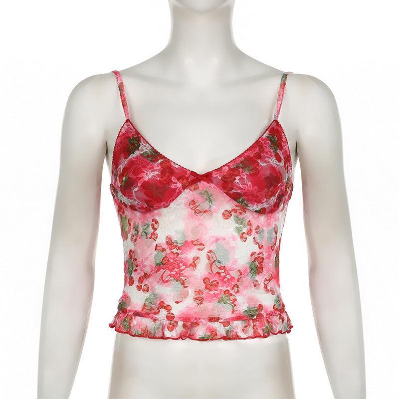 Missy Cherry Print Smudge Mesh Cami 15496 - SWEETKAMA