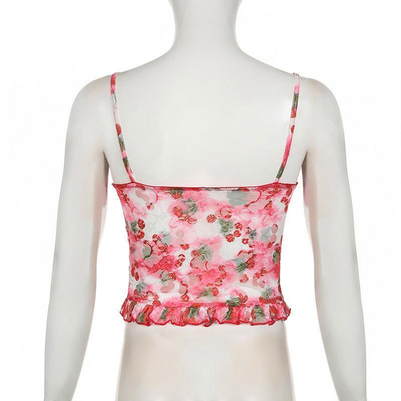 Missy Cherry Print Smudge Mesh Cami 15496 - SWEETKAMA