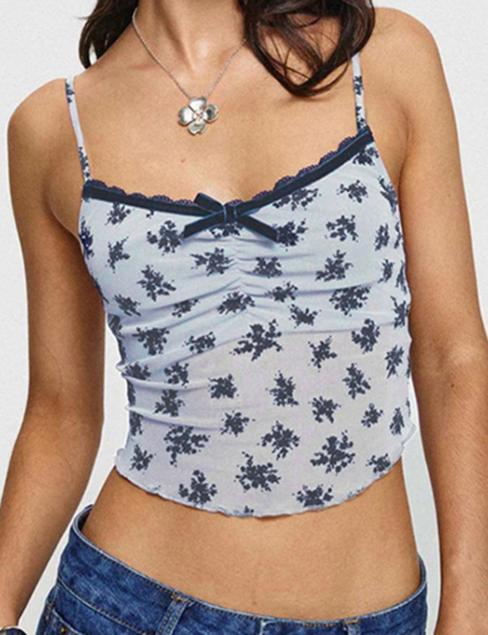 Missy Floral Print Mesh Bow Lace Cami 15539 - SWEETKAMA