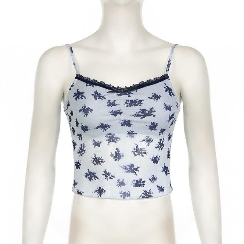 Missy Floral Print Mesh Bow Lace Cami 15539 - SWEETKAMA