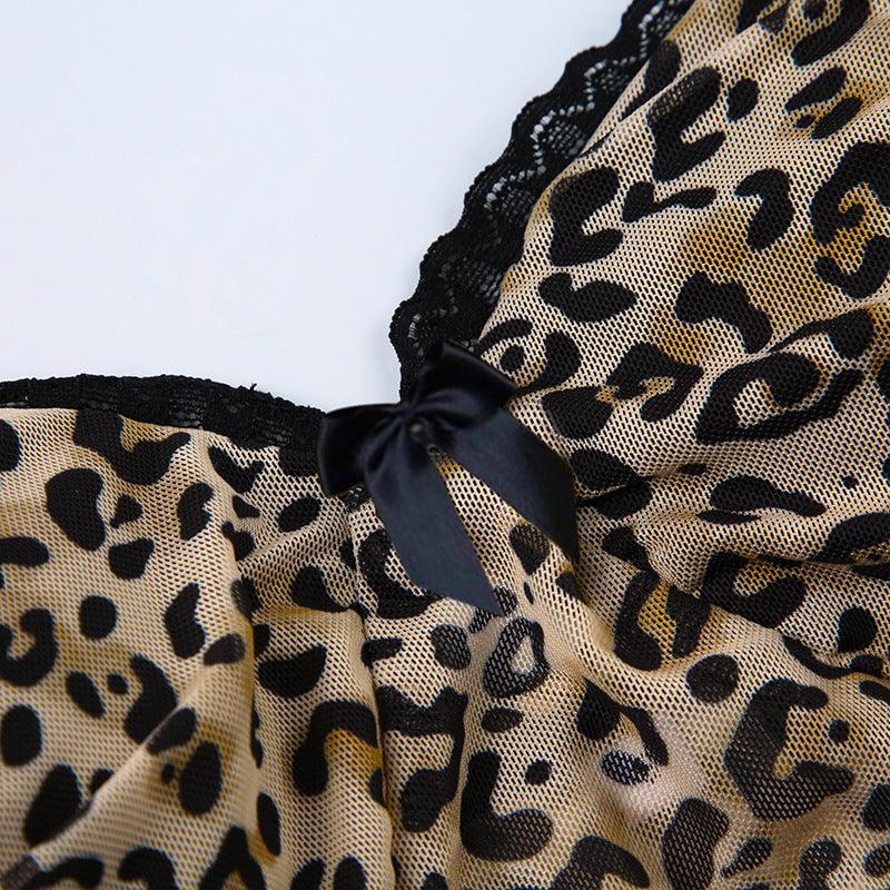 Missy Leopard Print Mesh Bow Lace Splicing Cami 11093 - SWEETKAMA