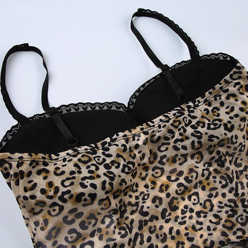 Missy Leopard Print Mesh Bow Lace Splicing Cami 11093 - SWEETKAMA