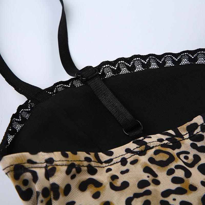 Missy Leopard Print Mesh Bow Lace Splicing Cami 11093 - SWEETKAMA