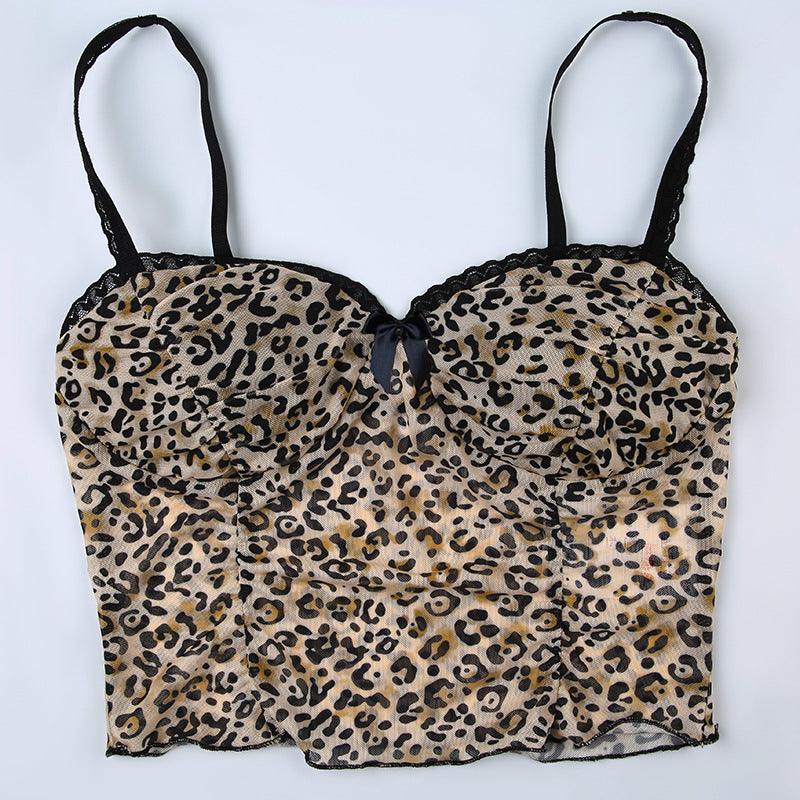 Missy Leopard Print Mesh Bow Lace Splicing Cami 11093 - SWEETKAMA