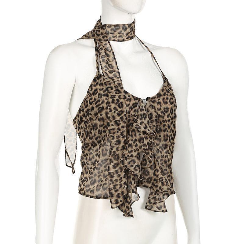 Missy Leopard Print Thin Scarf Flounce Halter Top 12489 - SWEETKAMA