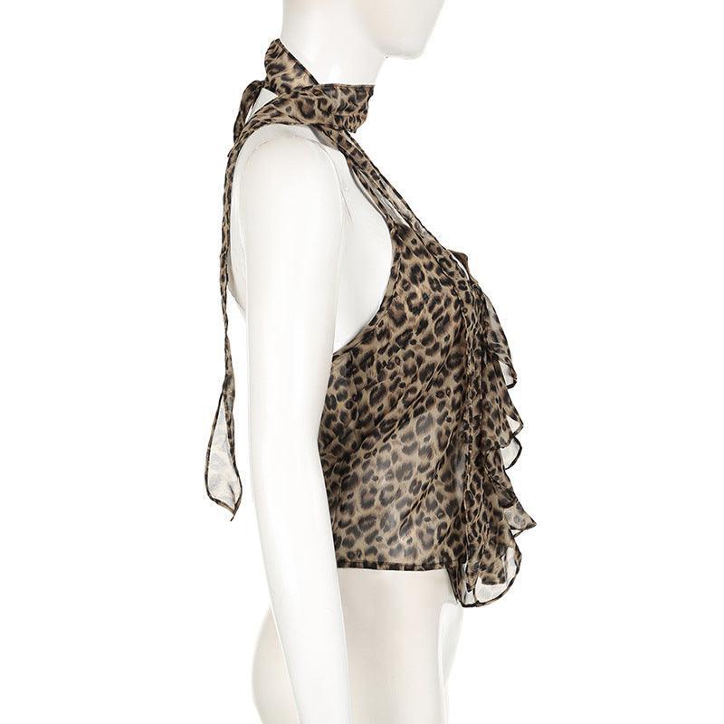 Missy Leopard Print Thin Scarf Flounce Halter Top 12489 - SWEETKAMA