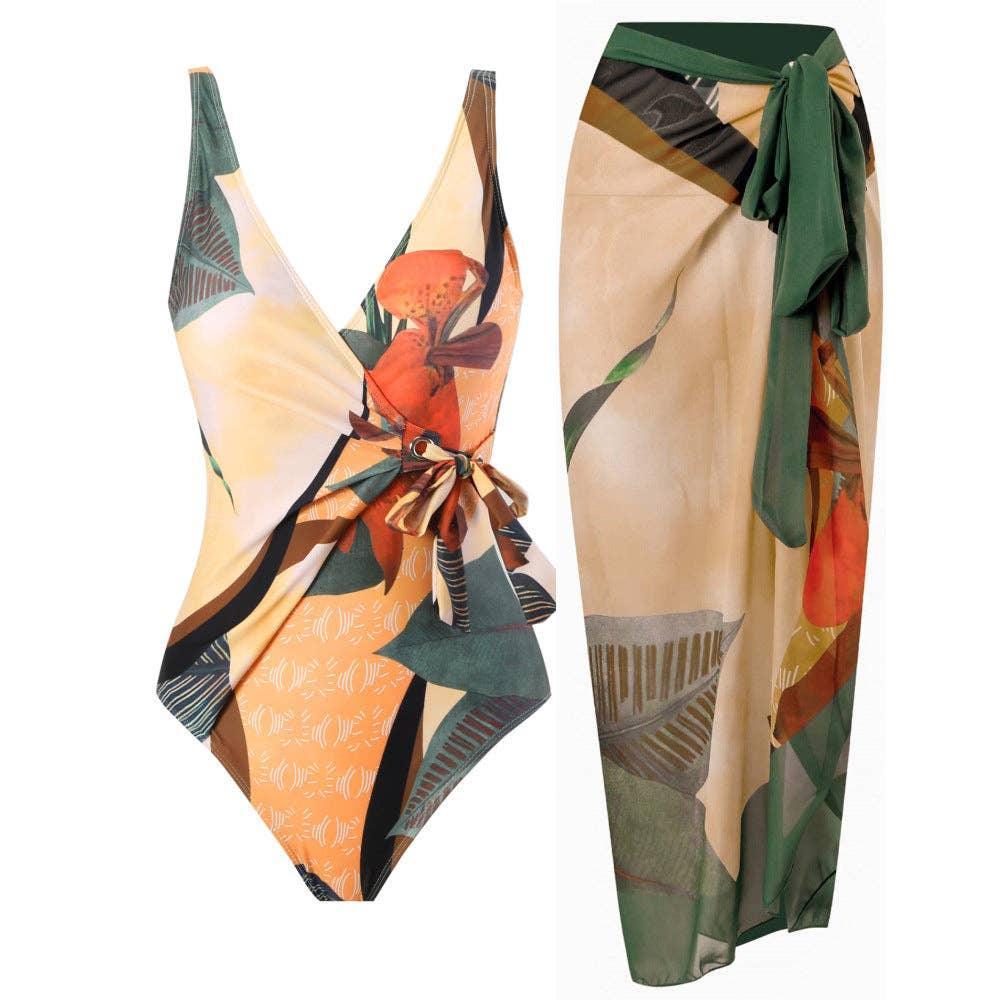 Multicolor Floral Print One Piece Swimweai with Cover Y115 - SWEETKAMA