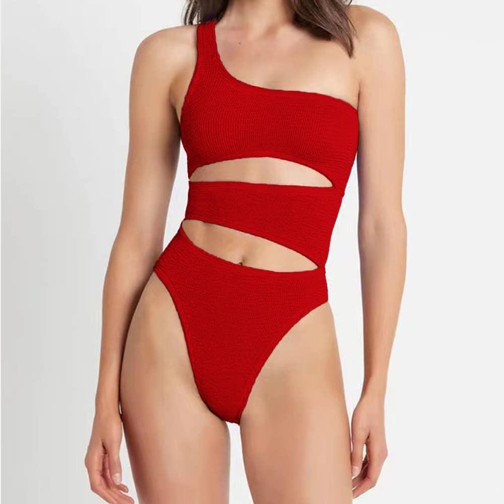 One Shoulder Solid Color One Piece Bikini Swimsuit YONG002 - SWEETKAMA