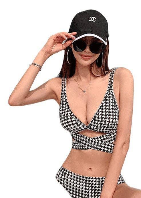 Plaid Front Cross Double Shoulder Strap Bikini Swimsuit 0783 - SWEETKAMA