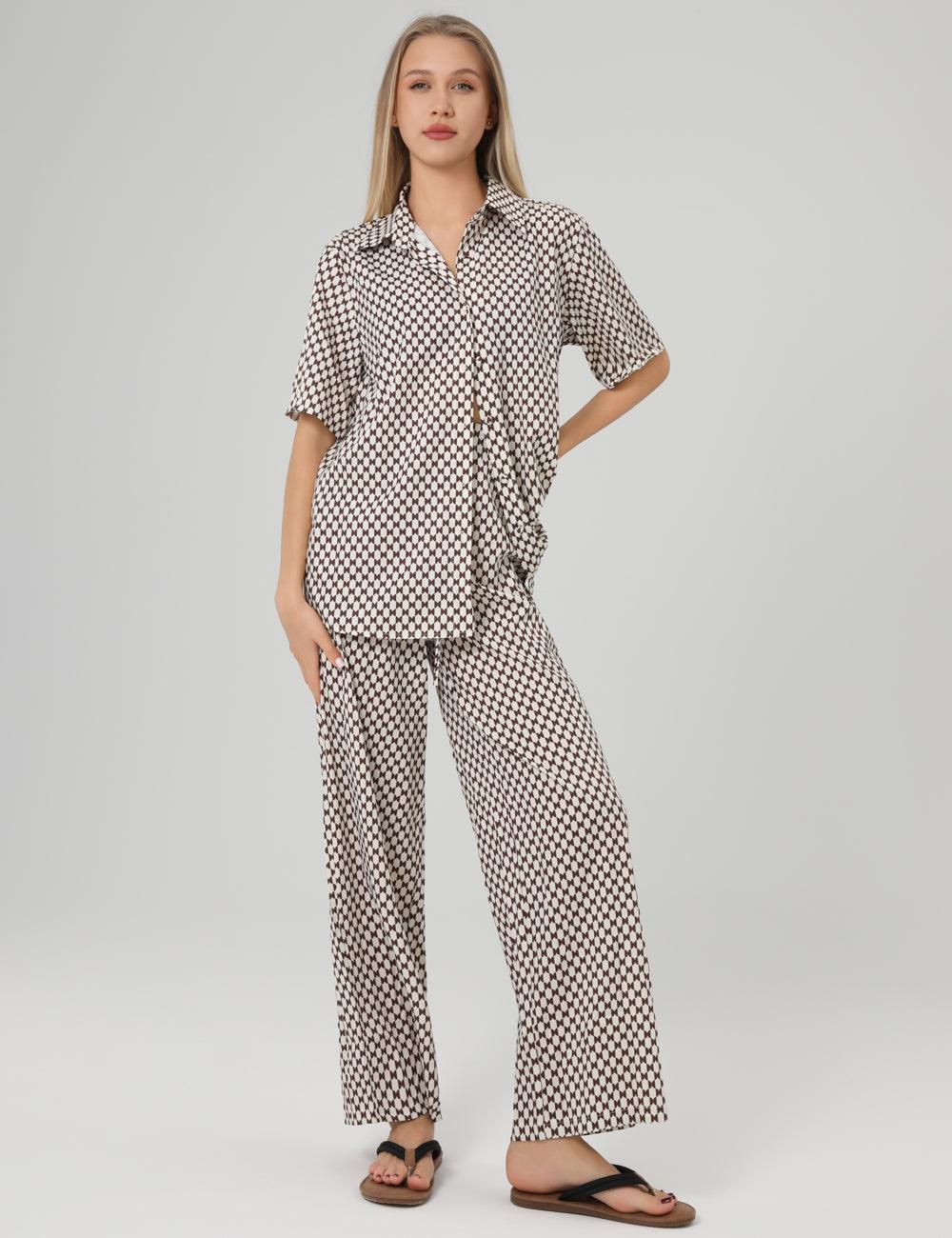 Plaid Lapel Shirt Loose Long Pants Set 2SYCK1650B - SWEETKAMA