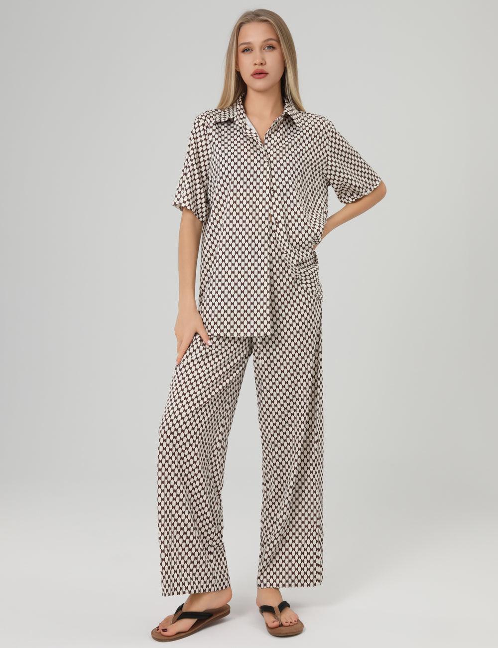 Plaid Lapel Shirt Loose Long Pants Set 2SYCK1650B - SWEETKAMA