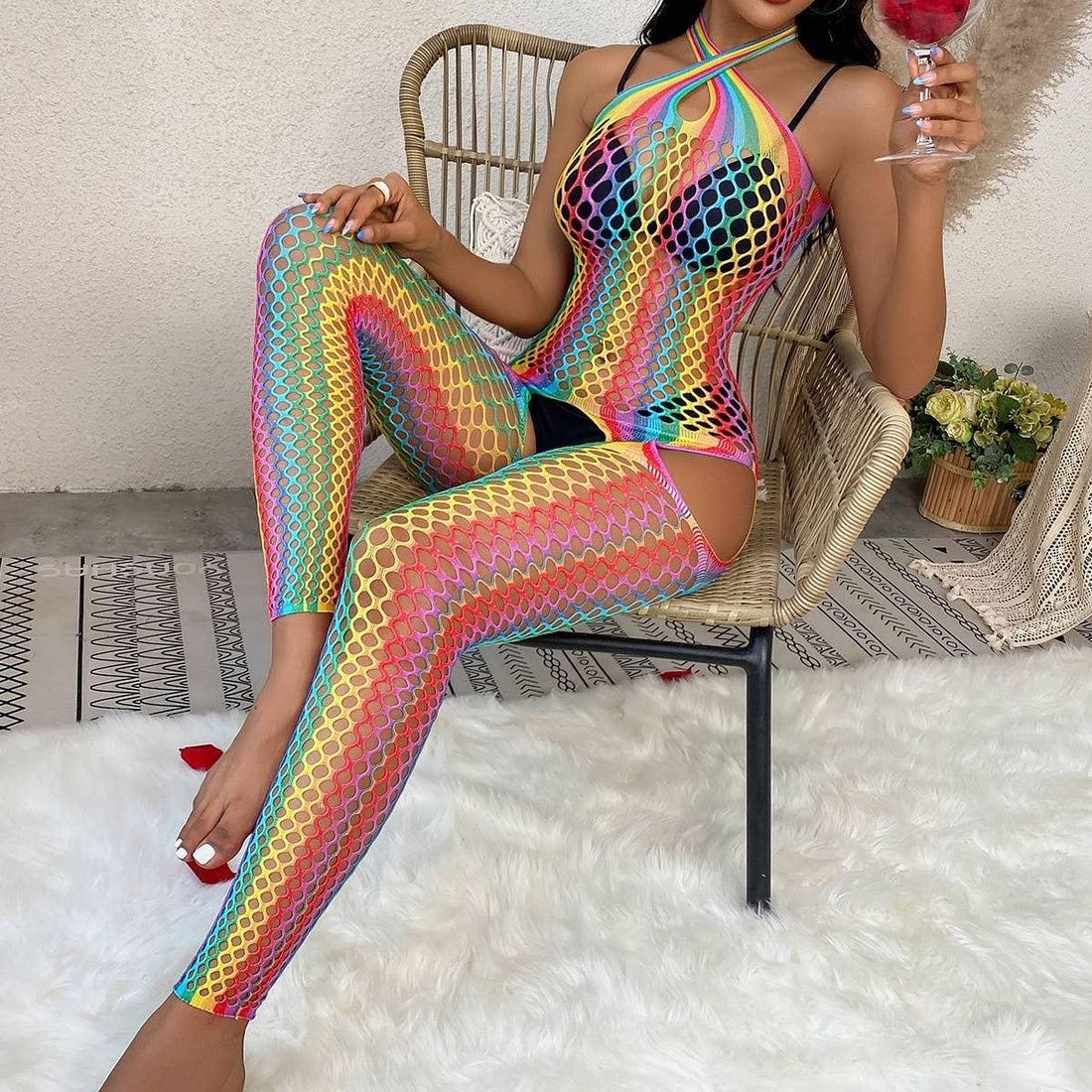 Rainbow Color Fishnet See Through Bodystocking WY-2110107 - SWEETKAMA