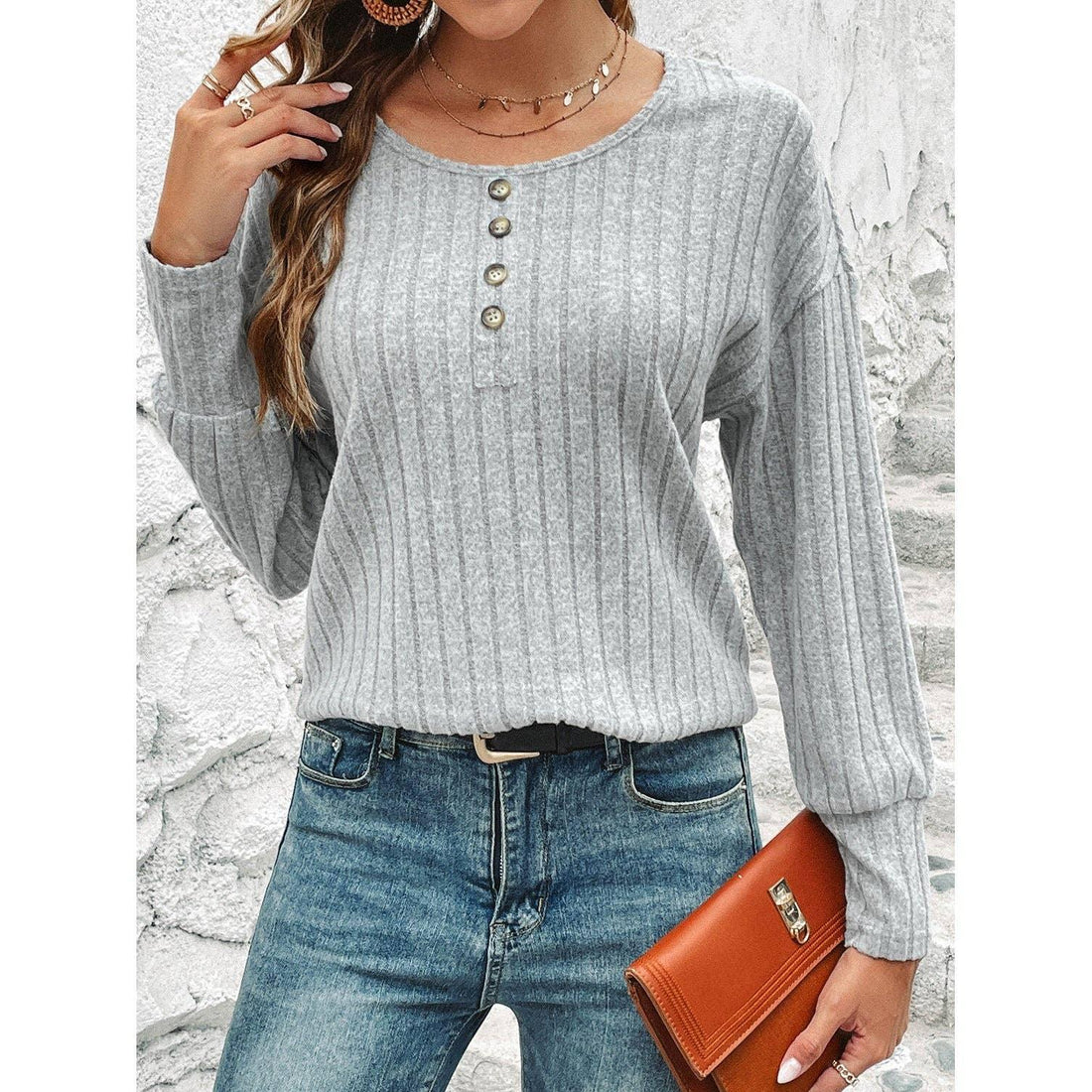 Round Neck Solid Color Button Women Blouse QX23683 - SWEETKAMA