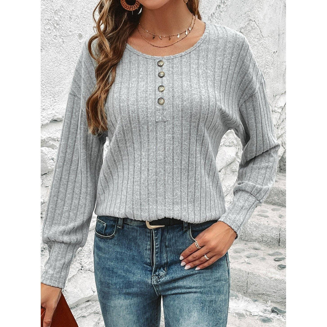 Round Neck Solid Color Button Women Blouse QX23683 - SWEETKAMA