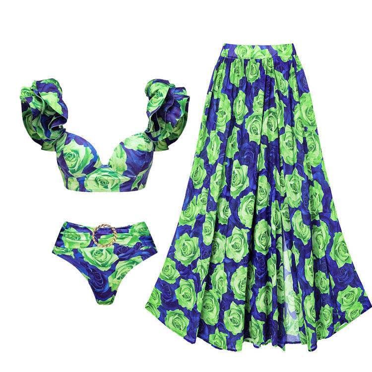 Ruffle Shoulder 2PCS Bikini Set with Skirt/Pants Cover Y233 - SWEETKAMA