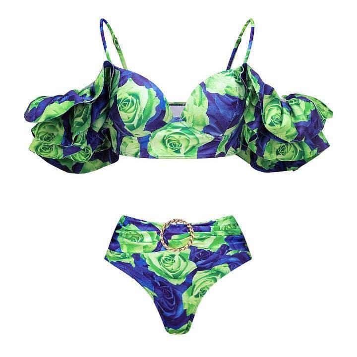 Ruffle Shoulder 2PCS Bikini Set with Skirt/Pants Cover Y233 - SWEETKAMA