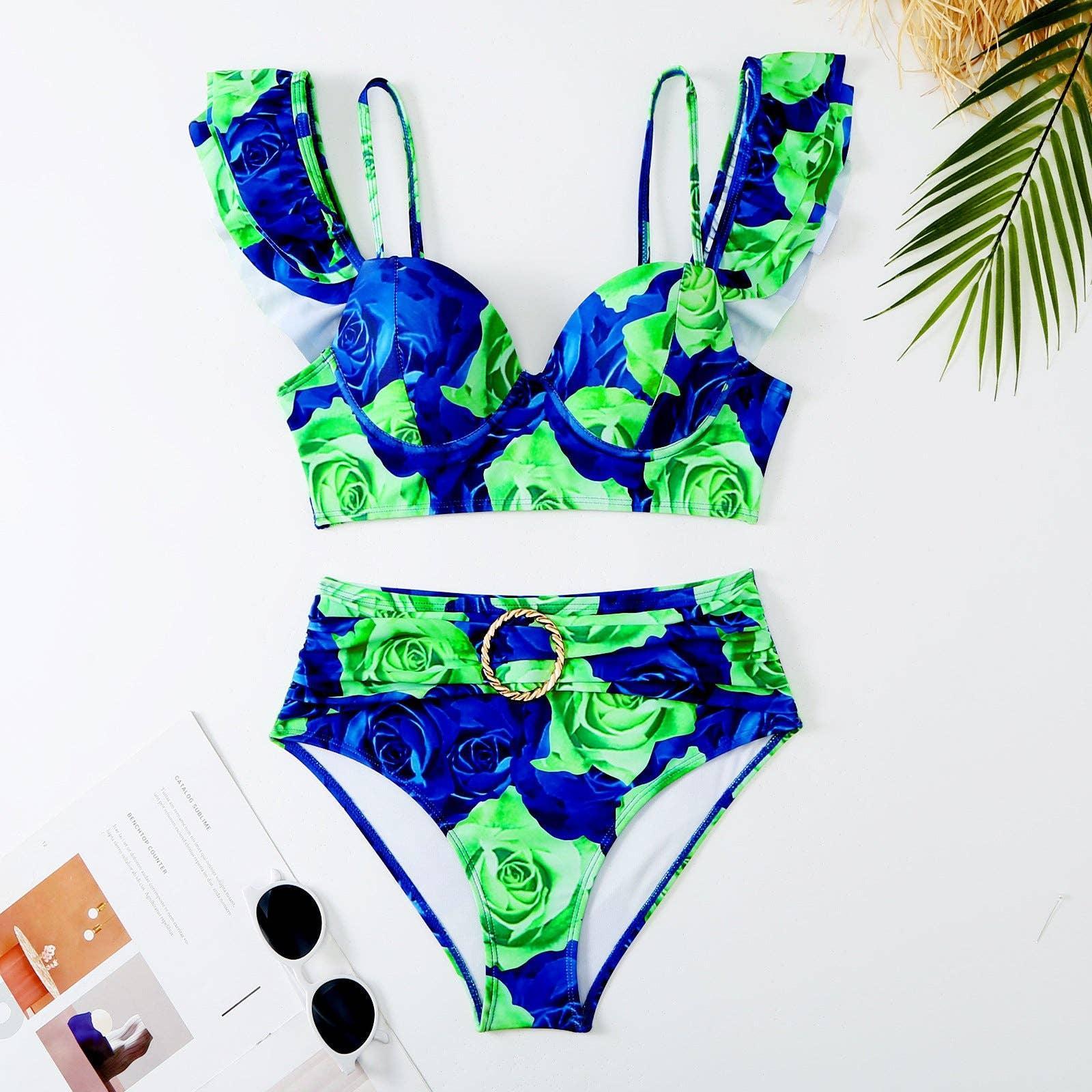 Ruffle Shoulder 2PCS Bikini Set with Skirt/Pants Cover Y233 - SWEETKAMA