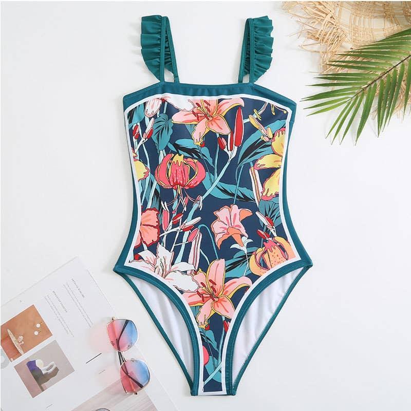 Ruffle Shoulder One Piece Swimsuit with Sarong Wrap Up Y60 - SWEETKAMA