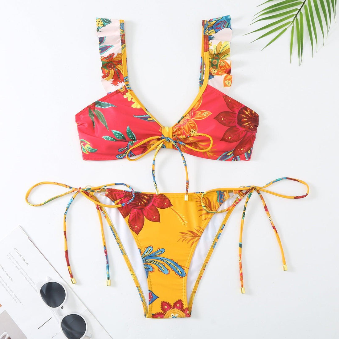 Ruffle Shoulder Straps Bikini Set with Cover Y298 - SWEETKAMA