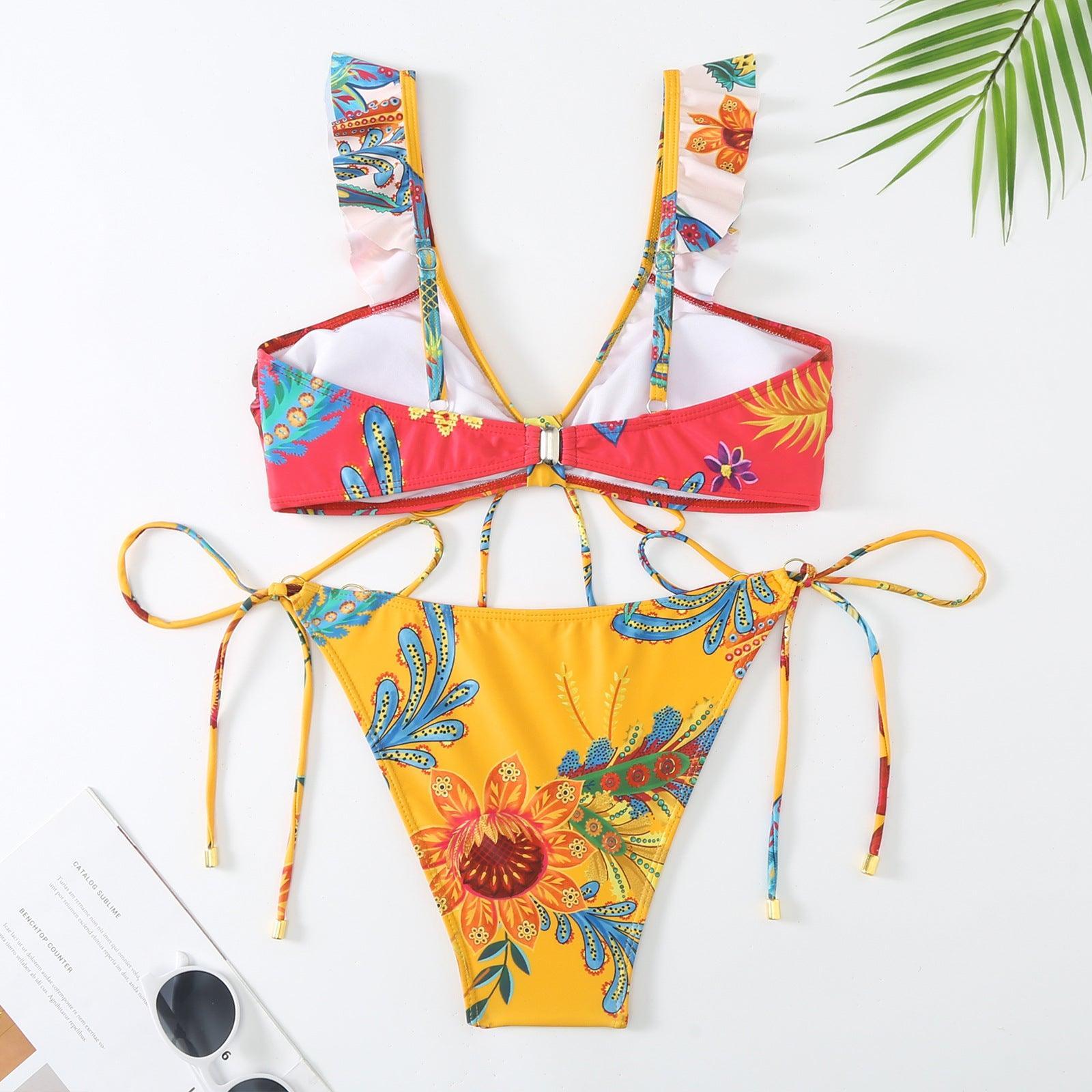 Ruffle Shoulder Straps Bikini Set with Cover Y298 - SWEETKAMA