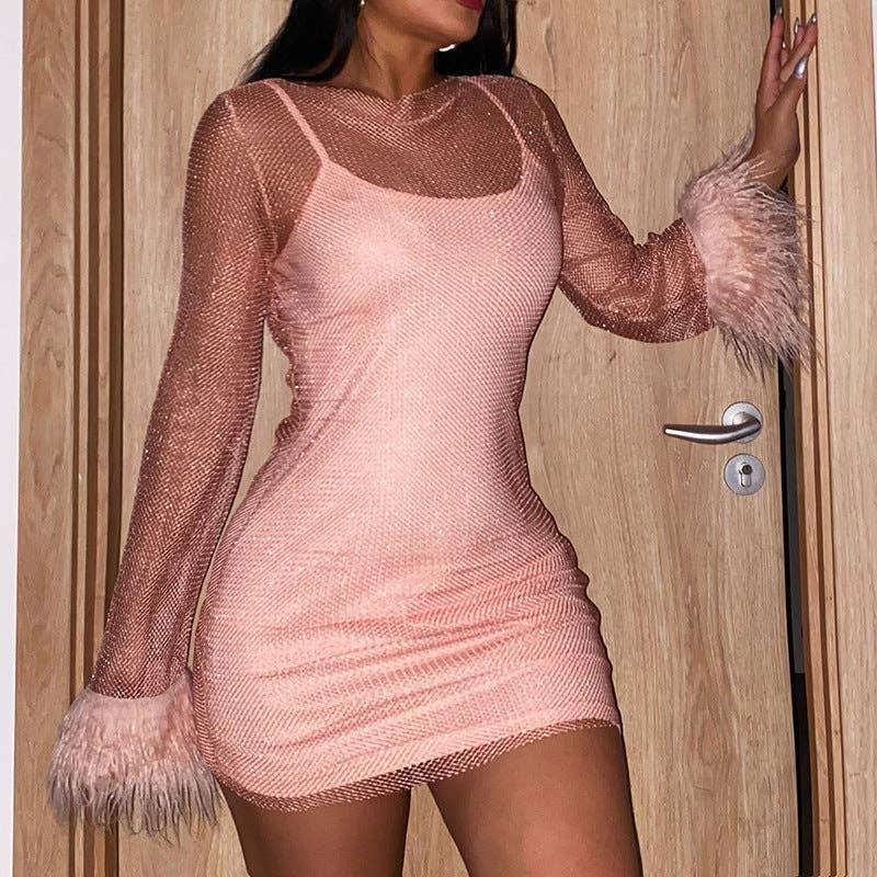 See Through Feather Round Neck Knit Daily Dress YJ22229PF - SWEETKAMA