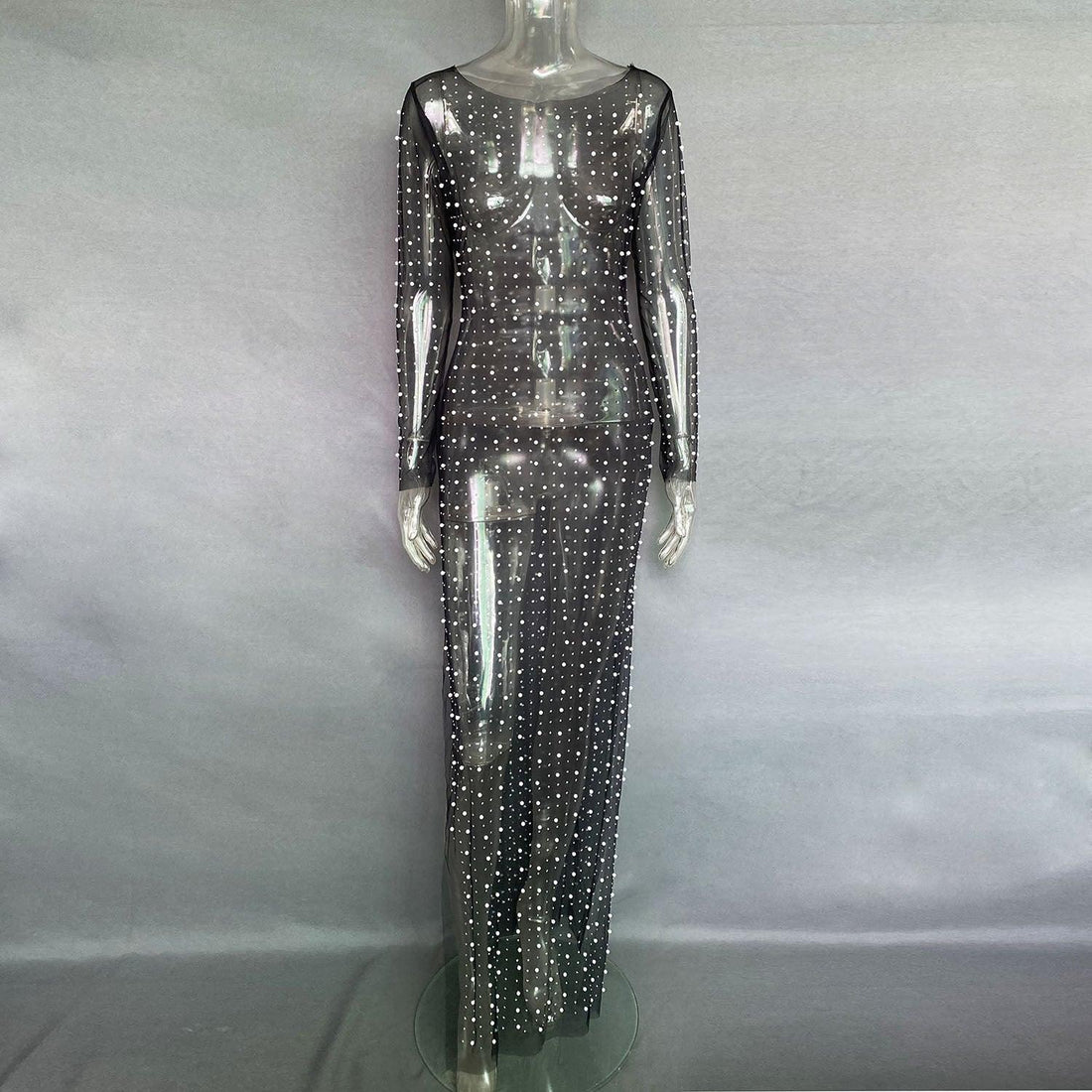 See Through Sparkle Rhinestone Pearl Mesh Maxi Dress SKD21067 - SWEETKAMA