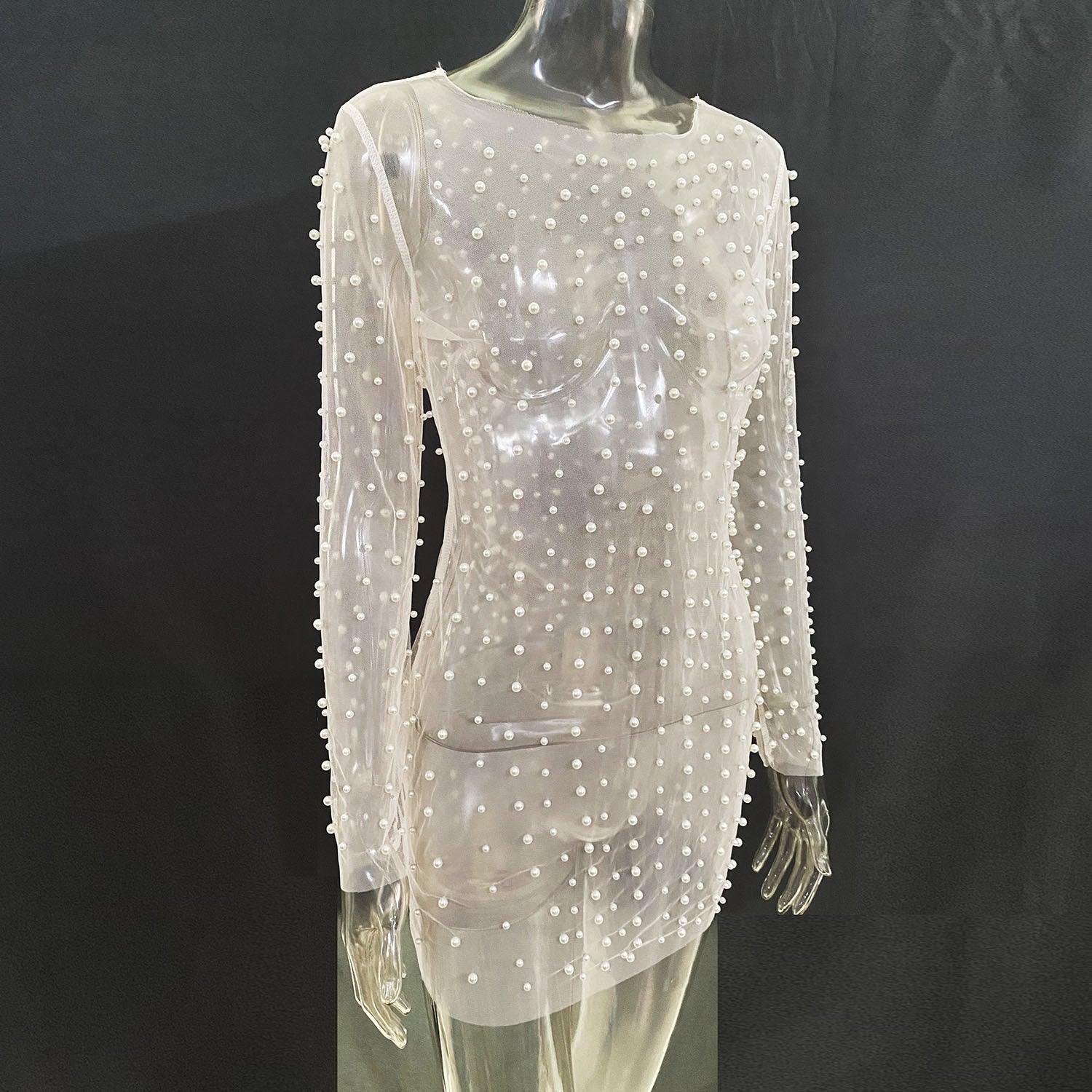 See Through Sparkle Rhinestone Pearl Mesh Short Dress 21075 - SWEETKAMA