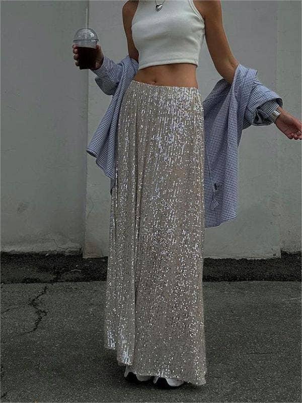 Sequin High Waist Solid Color Long Skirt BSQ0017 - SWEETKAMA