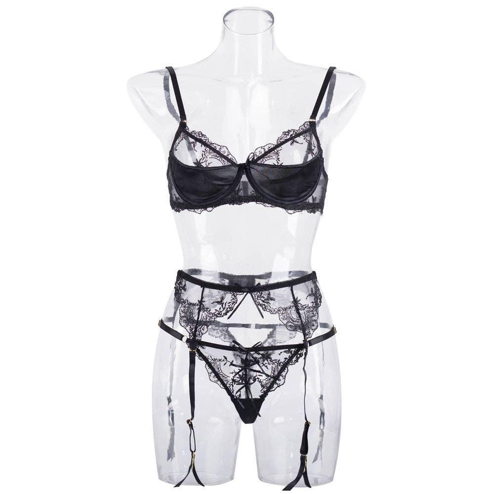 Sexy Embroidery Lingerie Set with Garter Belt CQX0523 - SWEETKAMA