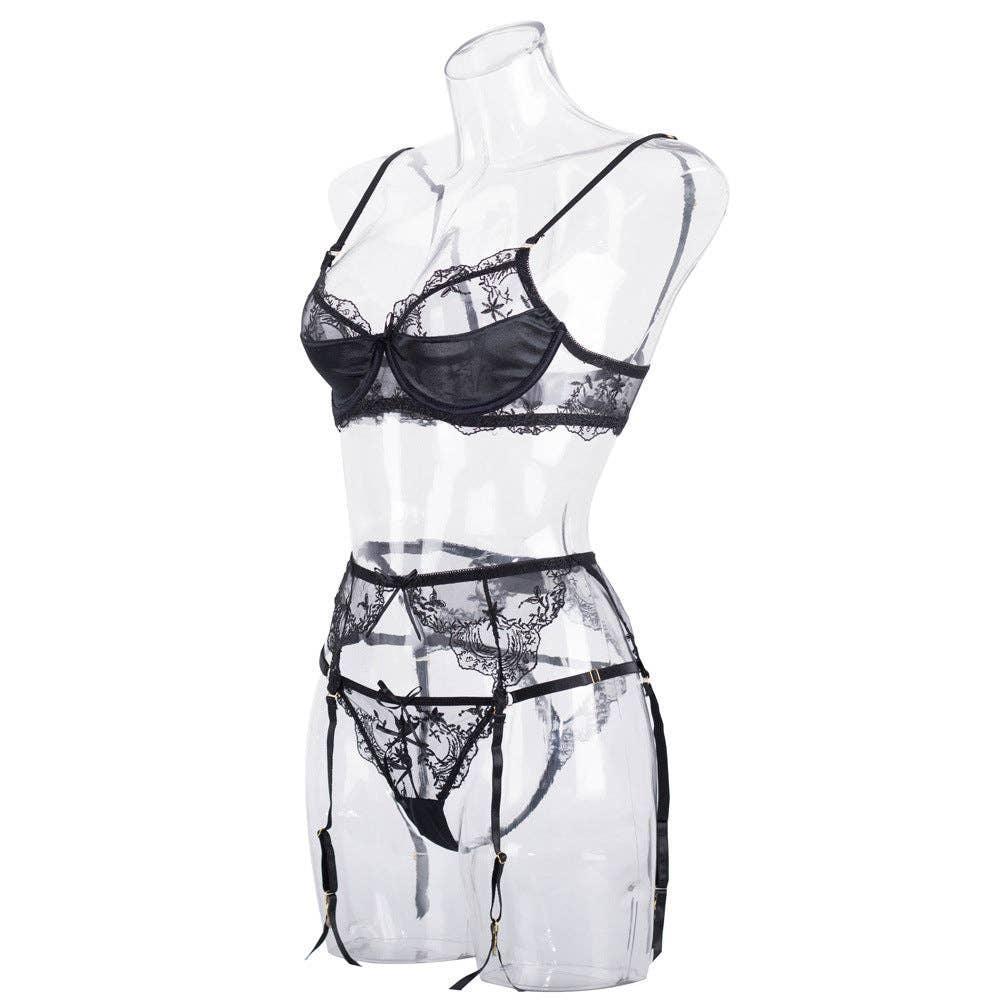 Sexy Embroidery Lingerie Set with Garter Belt CQX0523 - SWEETKAMA